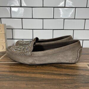 Vionic Athens Womens Size 7 Shoes Taupe Suede Jeweled Moccasin Loafer Flats